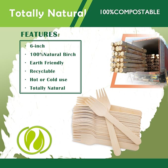 Disposable Wooden Forks -Pack of 100, 6.5" Length-Biodegradable, Natural Wooden - Image 6