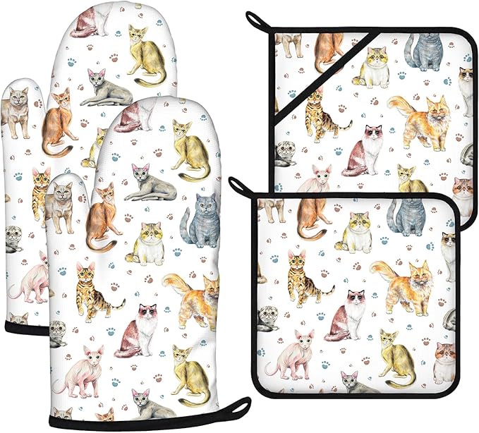Cute Cats Oven Mitts and Pot Holders Sets 4Pcs, Extra Long Oven Gloves Potholder by VisittheDuibelproduct