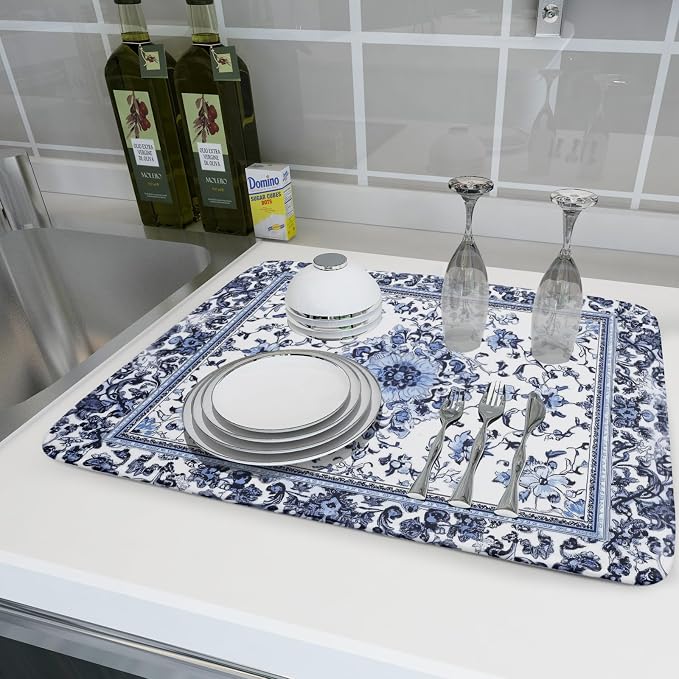 Boho Floral Dish Drying Mat 18x24 Inch Blue Leaves Kitchen Drying Pad - Image 6
