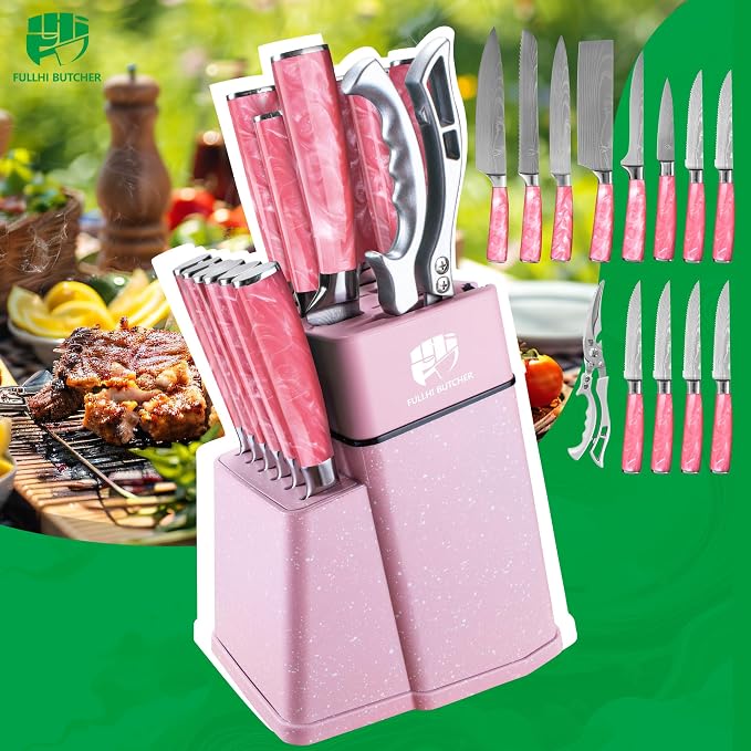 FULLHI 14pcs Block Knife Set, Chef's Knife Steak Knives Set - Image 9