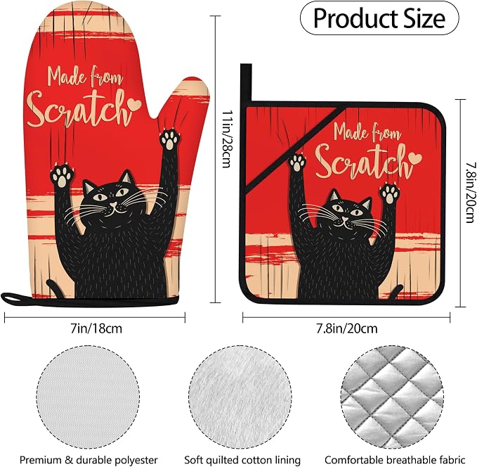 Funny Cat Oven Mitts and Pot Holders Sets Red Black Kitchen Decor Cute Cat - Image 4