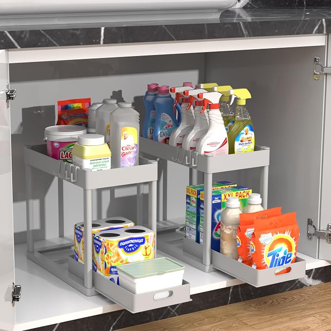 2PC Under Sink Organizer Rack 2 Tier Under Sliding Cabinet Basket Organizer - Image 7