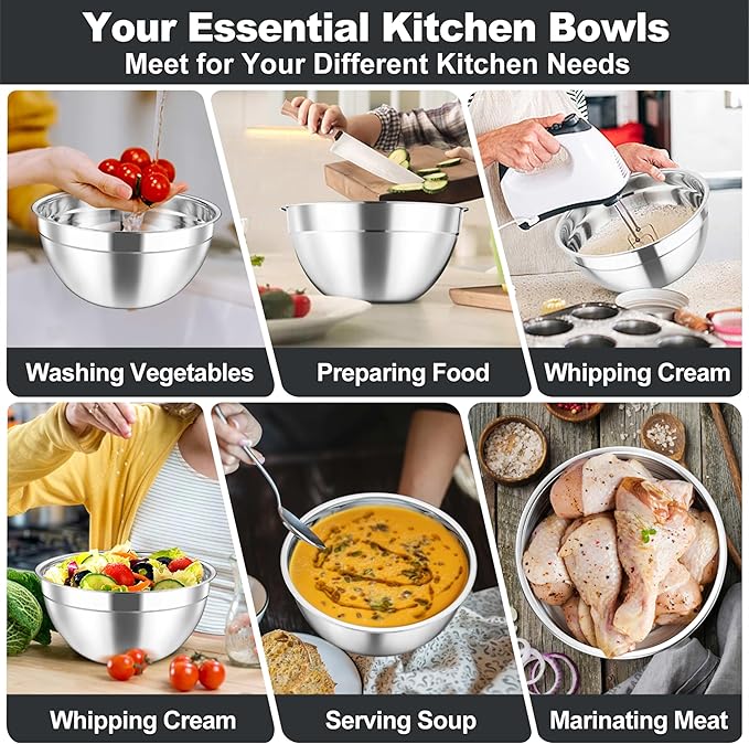 TeamFar Mixing Bowls Set, 4.5/3/1.5/1/0.7 QT Stainless Steel Nesting Salad Bowls - Image 6