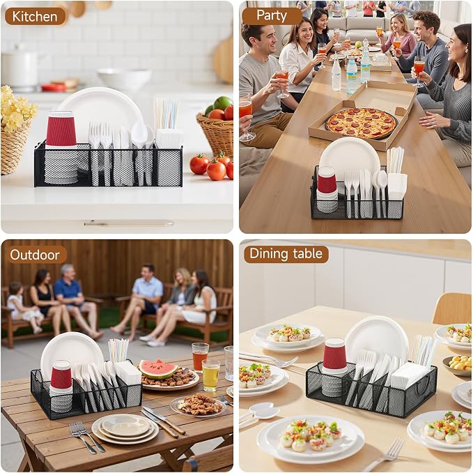 Utensil Caddy with Handle, Metal Paper Plate Holder - Image 5