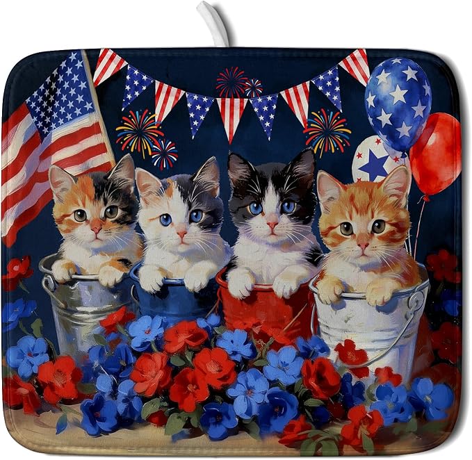 4th of July Dish Drying Mat Patriotic Cats Dish Drying Rack Mat by Giwawa