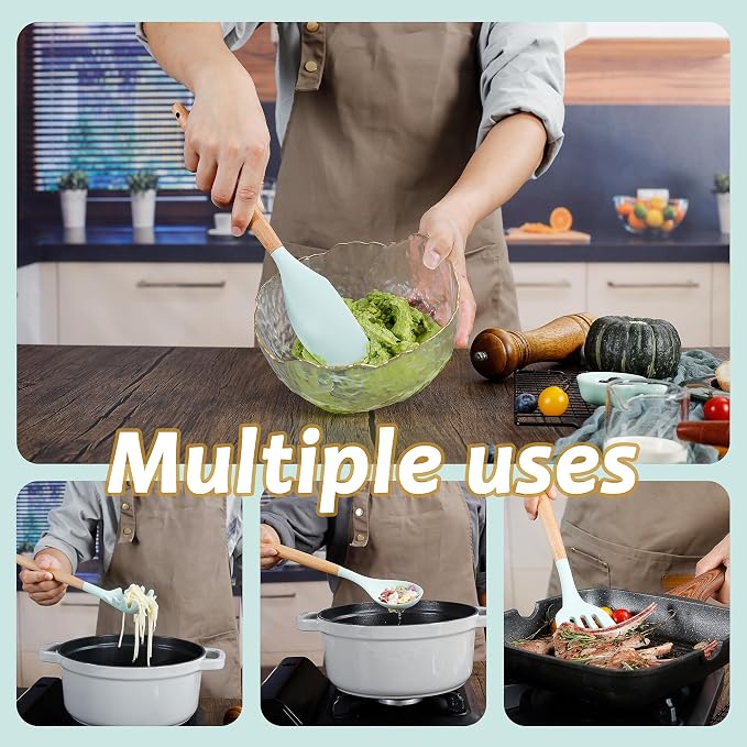 QMVESS Silicone Kitchen Utensils Set, Sturdy Insulation Wooden Handle Kitchen - Image 6