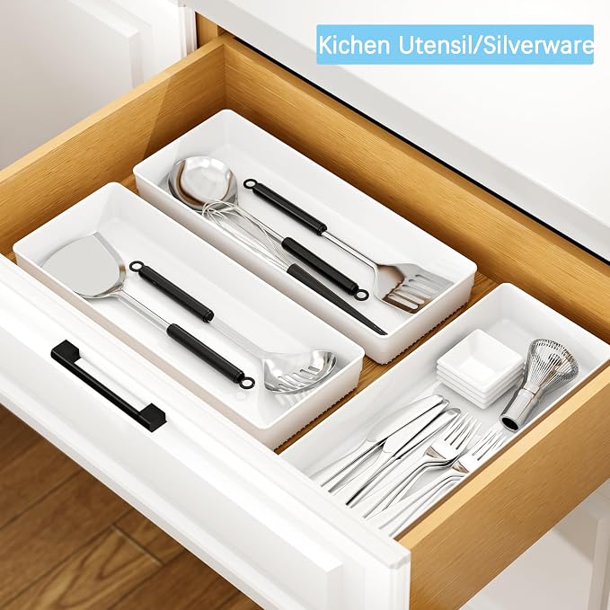 3 Pack White Large Size Plastic Drawer Organizer Tray Cutlery Utensil Makeups - Image 3