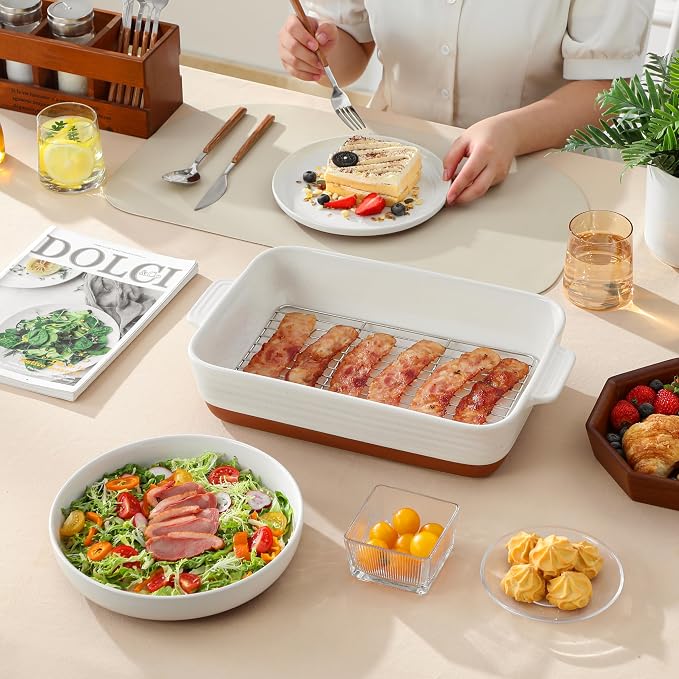 MALACASA Baking Dish with Rack, 4.8 Qt Ceramic Roasting Pan with Stainless - Image 9