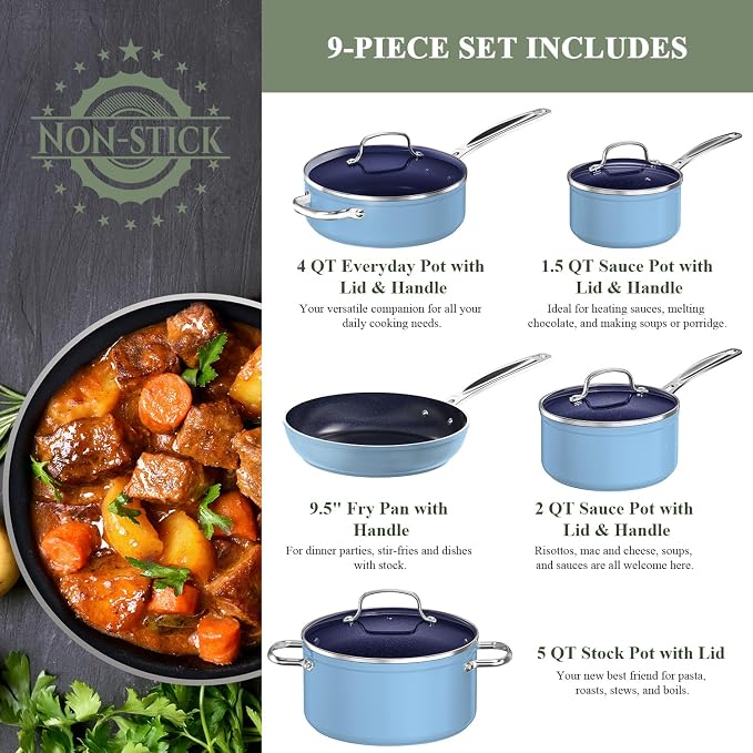 Nuwave 9pc Cookware Set Healthy Duralon Blue Ceramic Nonstick Coated, Diamond - Image 2