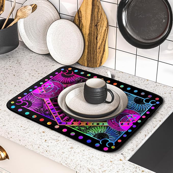 Purple Absorbent Dish Drying Mat Sun and Moon Microfiber Drying Pad - Image 5