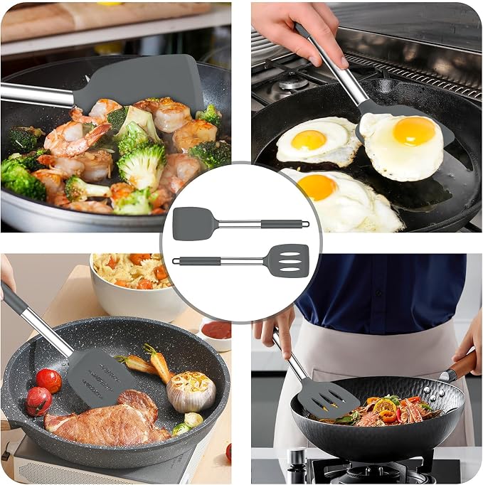 TeamFar Kitchen Utensils, for Non-stick Cookware Flipping, Draining – Gray - Image 5