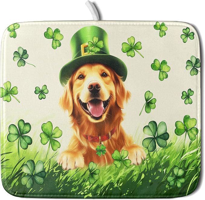 St Patrick's Day Dog Dish Drying Mat 16x18 inch Green Shamrock Dishes Pad by Giwawa