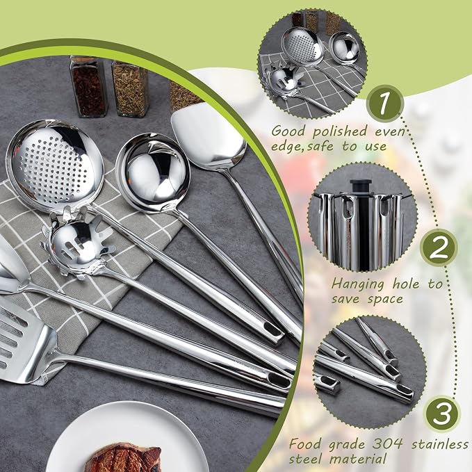 VALESKA 6PCS Stainless Steel Cooking Utensils Set, 18/10 Metal Kitchen Utensils - Image 3