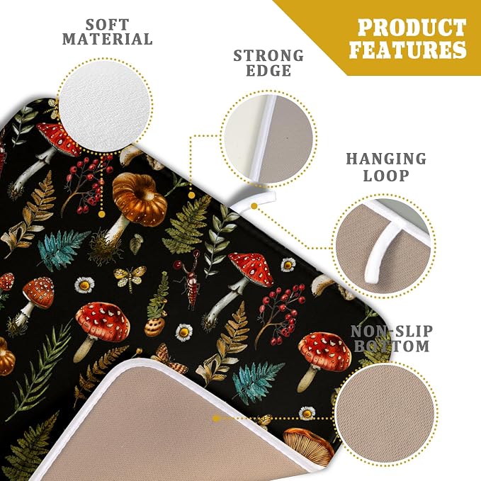 Mushroom Forest Dish Drying Mat Fern Leaves Black Drainer Mat - Image 4