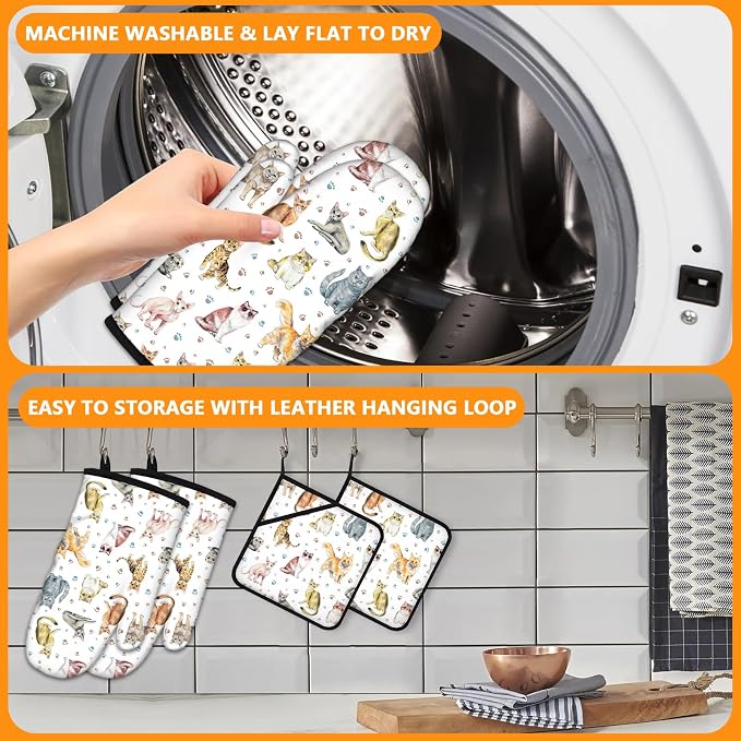 Cute Cats Oven Mitts and Pot Holders Sets 4Pcs, Extra Long Oven Gloves Potholder - Image 5