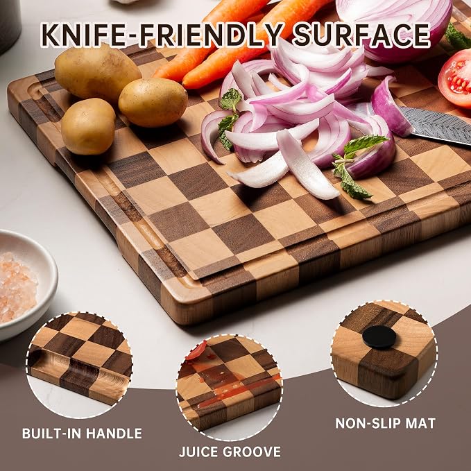 Checkered Cutting Boards for Kitchen, Wooden Cutting Board Set, Acacia Chopping - Image 3