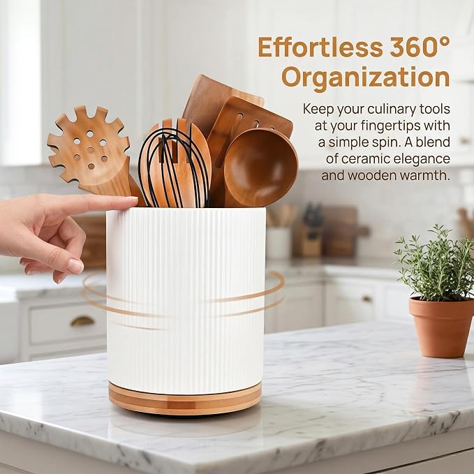 QUELIEN Utensil Holder, 360° Rotating Ceramic Kitchen Utensil Holder - Image 2