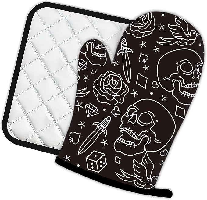 Skull Head with Rose Oven Mitts and Pot Holders Kitchen Cooking Gloves 2 Pcs - Image 2