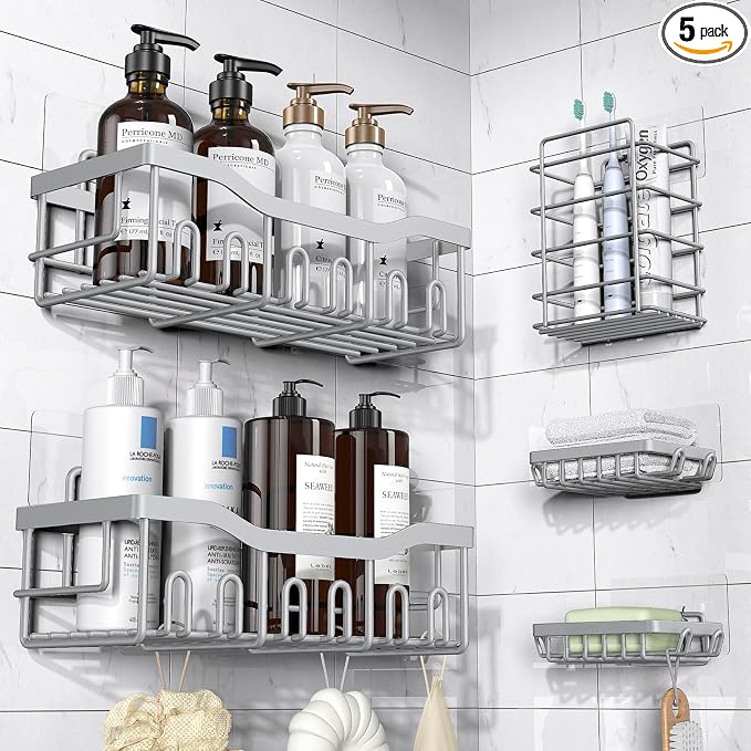 EUDELE 5-Pack Rustproof Stainless Steel Shower Caddy Set– No Drill Adhesive by EUDELE