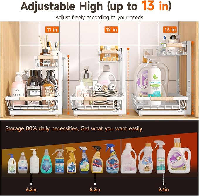 Sevenblue 2 Packs Under Sink Organizer, Height Adjustable 3 Tier Under Kitchen - Image 2