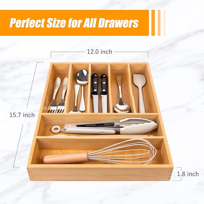 Bellsal Bamboo Silverware Drawer Organizer, Kitchen Utensil Drawer Organizers - Image 3