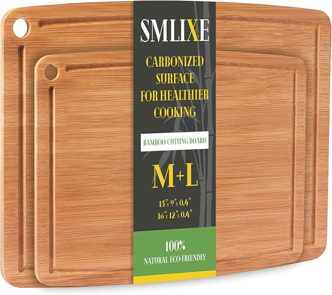 Bamboo Cutting Boards for Kitchen Set of 2, Carbonized Wood Cutting Board Set by smlixe