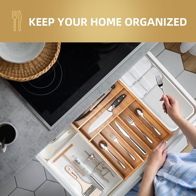 Besilord Silverware Organizer Kitchen Drawer Organizer Utensil Organizer Acacia - Image 5