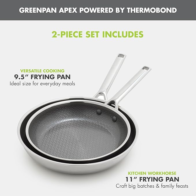 GreenPan Hybrid 9.5” & 11” Nonstick Stainless Steel Frying Pan Set, APEX - Image 5