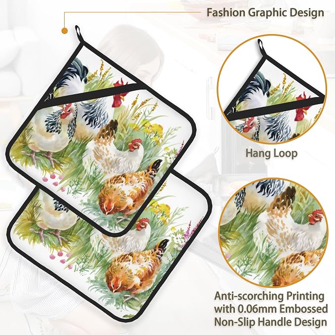 Chicken Rooster Farm Pot Holder Set of 2, Heat Resistant Potholders Oven Hot - Image 4