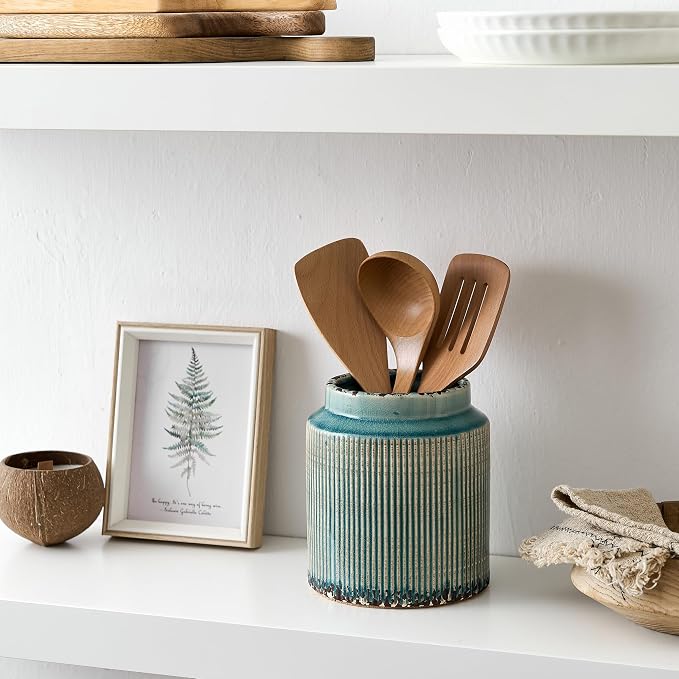 JIEMEI HOME Kitchen Utensil Holder, 6.77" Ceramic Farmhouse Stable Utensil Crock - Image 3