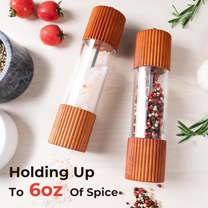 Acacia Wooden Salt and Pepper Grinder Set, 8 Inches Refillable Salt and Pepper - Image 2