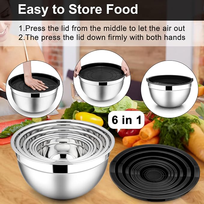 E-far Mixing Bowls with Lids, 12-Piece Stainless Steel Salad Bowls Metal - Image 7