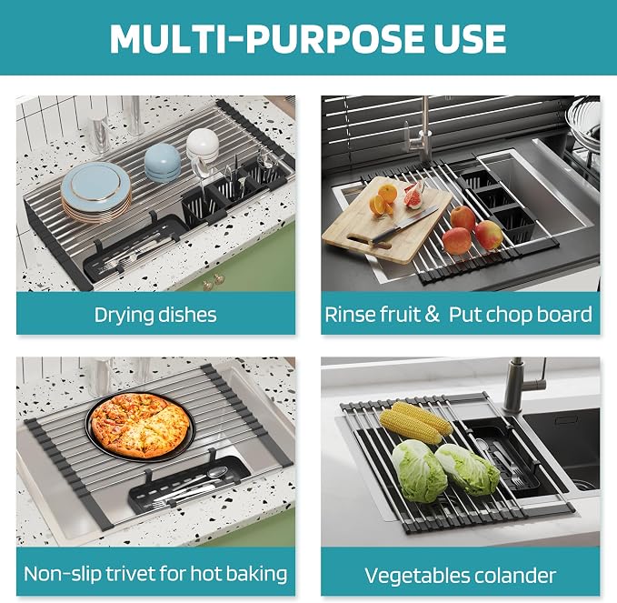 Black Expandable Roll Up Dish Drying Rack Up to 22.8''with 2 Storage Baskets - Image 5