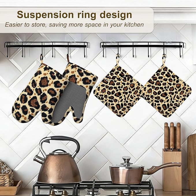 Leopard Print Oven Mitts and Pot Holders Sets of 4, Heat Resistant Silicone - Image 5