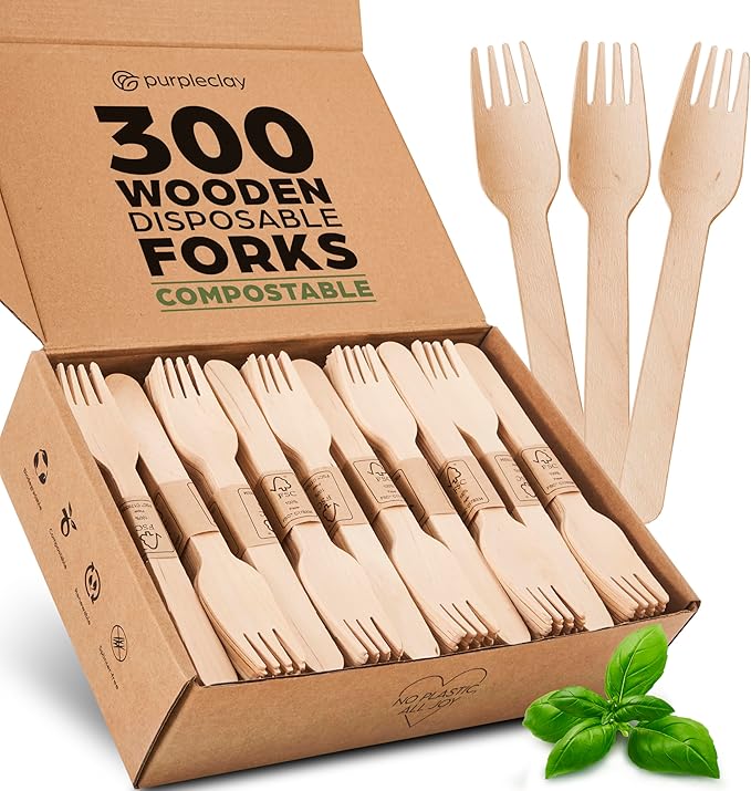 PURPLECLAY Wooden Disposable Forks FSC Certified Wood Compostable Forks by Purpleclay