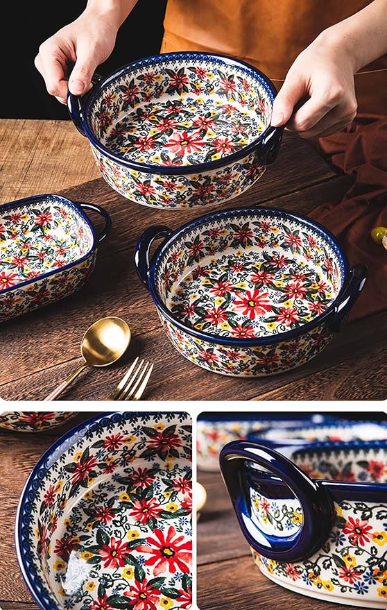 Red Daisy Flower Vintage Style Ceramic Bakeware Casserole Dish Baking Pan - Image 6