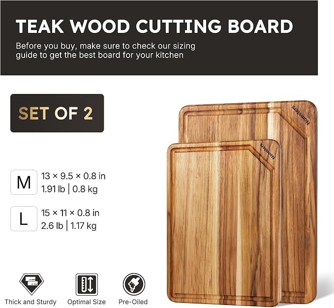2 Pack Teak Wood Cutting Board Set Non Slip Over Sink Charcuterie Board Serving - Image 2