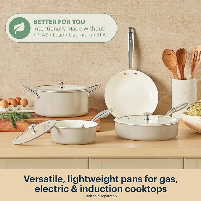 Pyrex 3-Piece Ceramic Cookware Fry Pan & Saucepan Set - Image 2