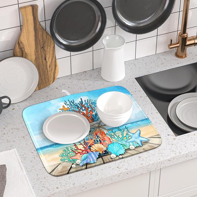 Coastal Coral Dish Drying Mat 16x18 inch Starfish Shell Fast Dry Microfiber - Image 6