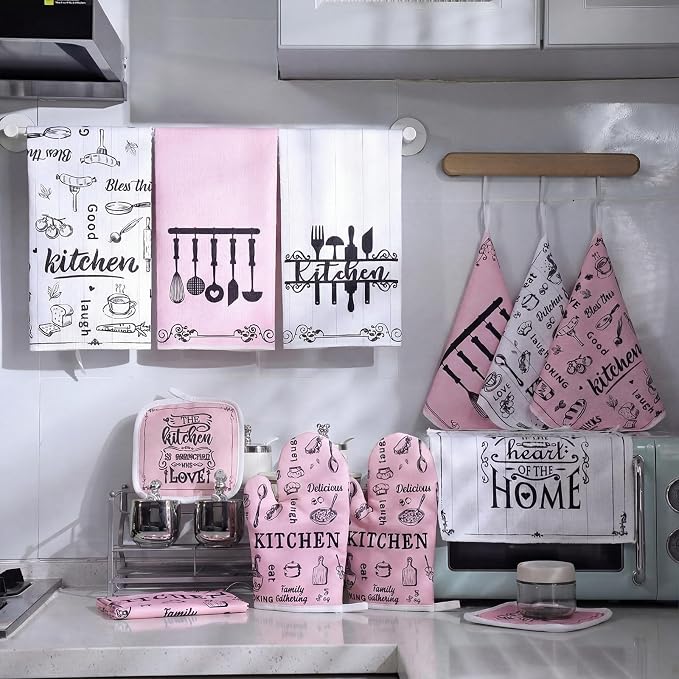 12 Pcs Farmhouse Pink Kitchen Decorations Sets 4 Pink and White Kitchen Towels - Image 7