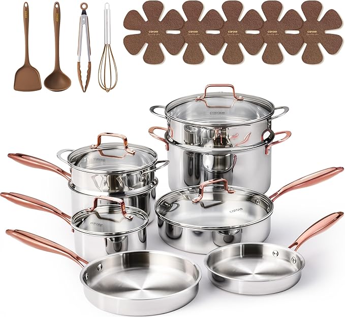 CAROTE 21pcs Tri-Ply Stainless Steel Cookware Set, Pots and Pans Set, Non Toxic by CAROTE