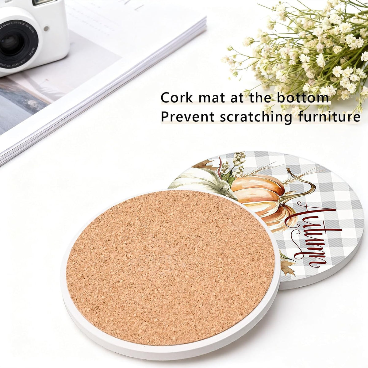6Pcs Fall Plaid Pumpkin Coasters with Holder, White Pumpkin Ceramic