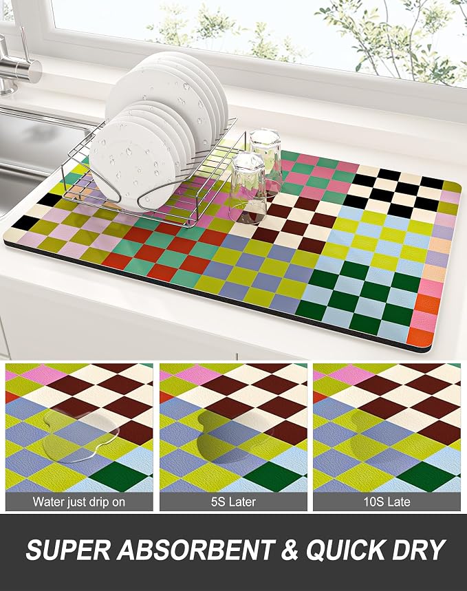 Rnivvi Dish Drying Mat for Kitchen Counter, 12 x 19" Cute Checkered Absorbent - Image 3