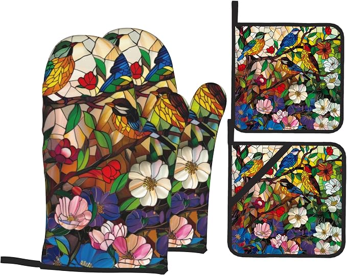 Abstract Bird Oven Mitts & Potholder Set of 4 by Unknown