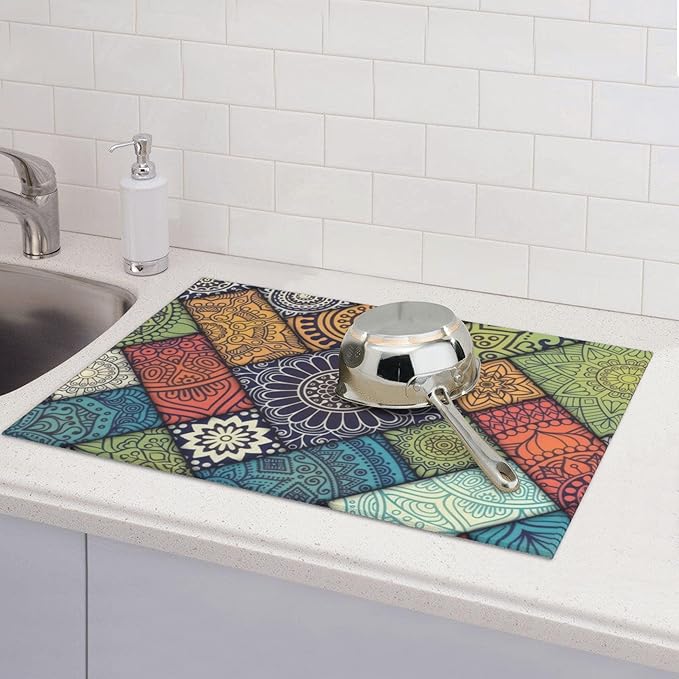 Retro Boho Dish Drying Mat 18x24 Inch, Microfiber Absorbent Fast Dry Mat - Image 6