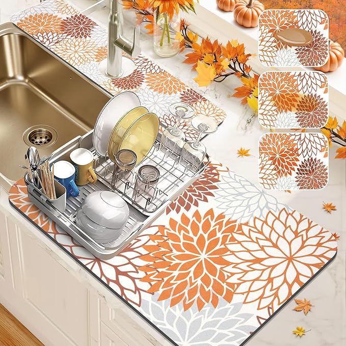 Findosom 2PCS 16" x 24" Fall Dish Drying Mat & 24" x 5.5" Sink Splash Guard by Findosom
