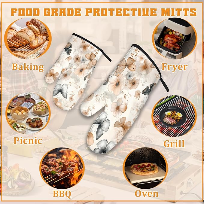 Butterfly Oven Mitts and Pot Holders, Boho Floral Flower Heat Resistant Oven - Image 5