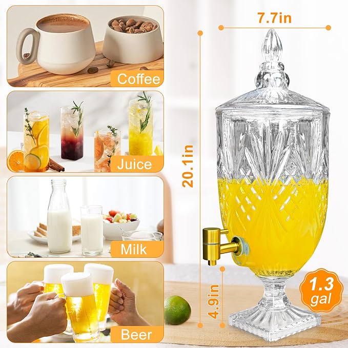 1.3 Gallon Glass Drink Dispenser, Glass Beverage Dispenser - Image 2