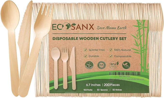 ECOSANX® 200 PCs Disposable Wooden Cutlery set 6.5" Splinter Free Compostable by ECOSANX