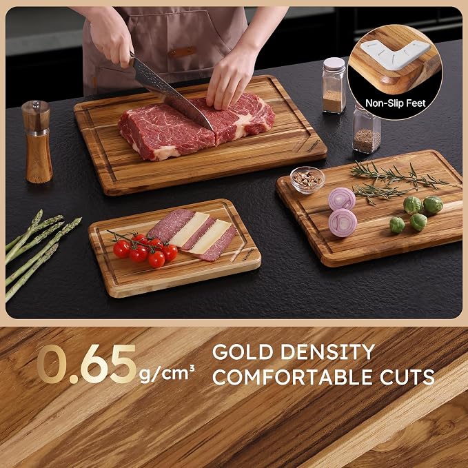 3 Pack Teak Wood Cutting Board Set Non Slip Over Sink Charcuterie Board Serving - Image 5
